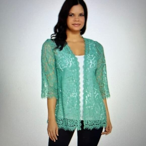 Isaac Mizrahi Live! Open Front 3/4 Sleeve Jasmine Green Tea Lace Kimono Sz L - Picture 3 of 8